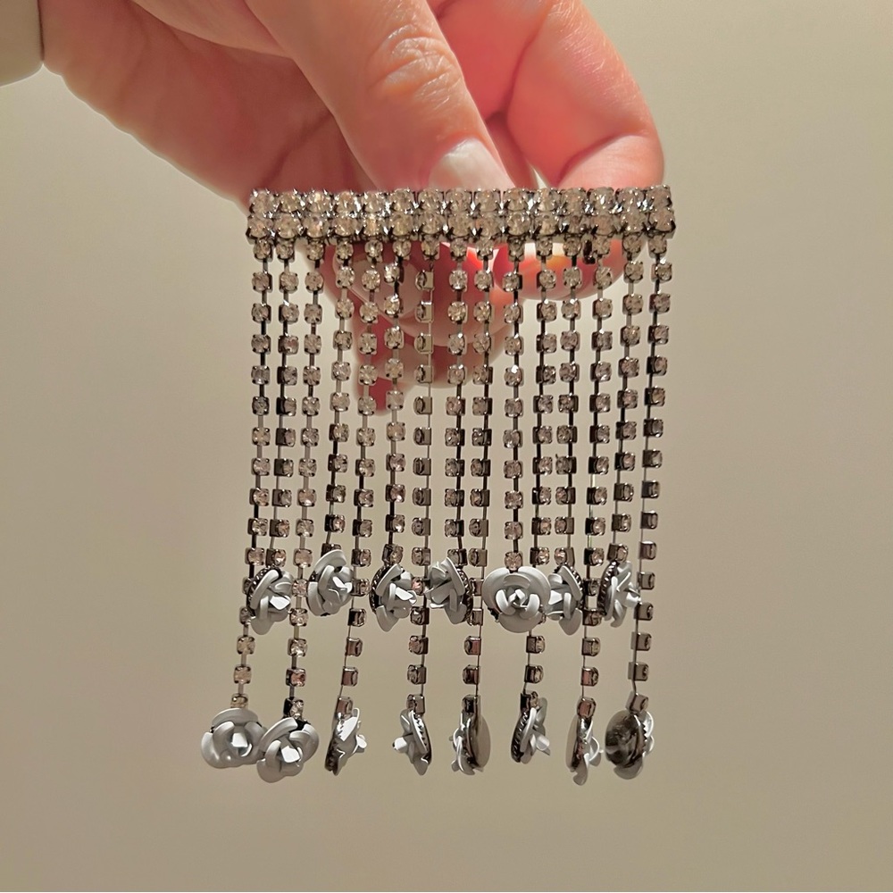 rhinestone dangling white rose flower brooch